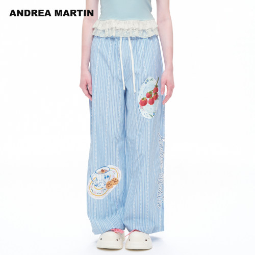 ANDREA MARTIN2026秋季新款蓝色条纹蕾丝餐盘印花阔腿宽松休闲裤
