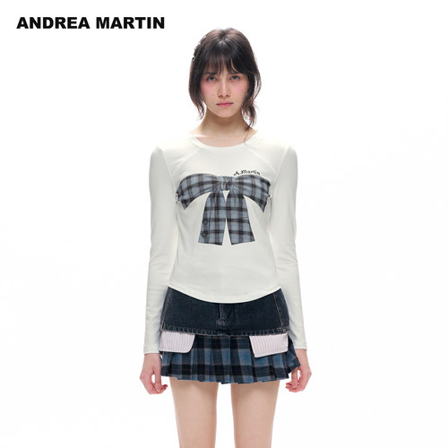 ANDREA MARTIN2026秋季新款格纹蝴蝶结印花女短休闲修身长袖T恤