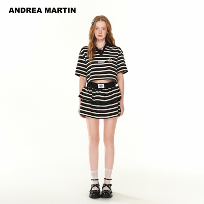 ANDREA MARTIN夏季新款时尚套装女V领短袖针织T恤衫条纹短裙