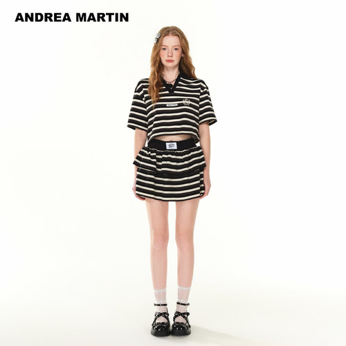ANDREA MARTIN夏季新款时尚套装女V领短袖针织T恤衫条纹短裙
