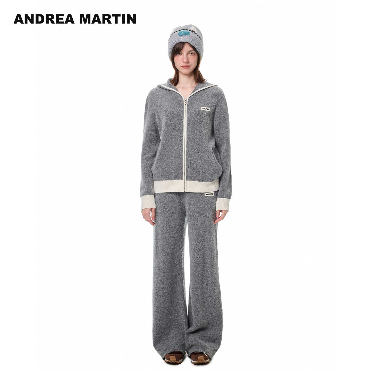 ANDREA MARTIN2025秋冬新款连帽拉链毛衣针织开衫阔腿裤休闲套装