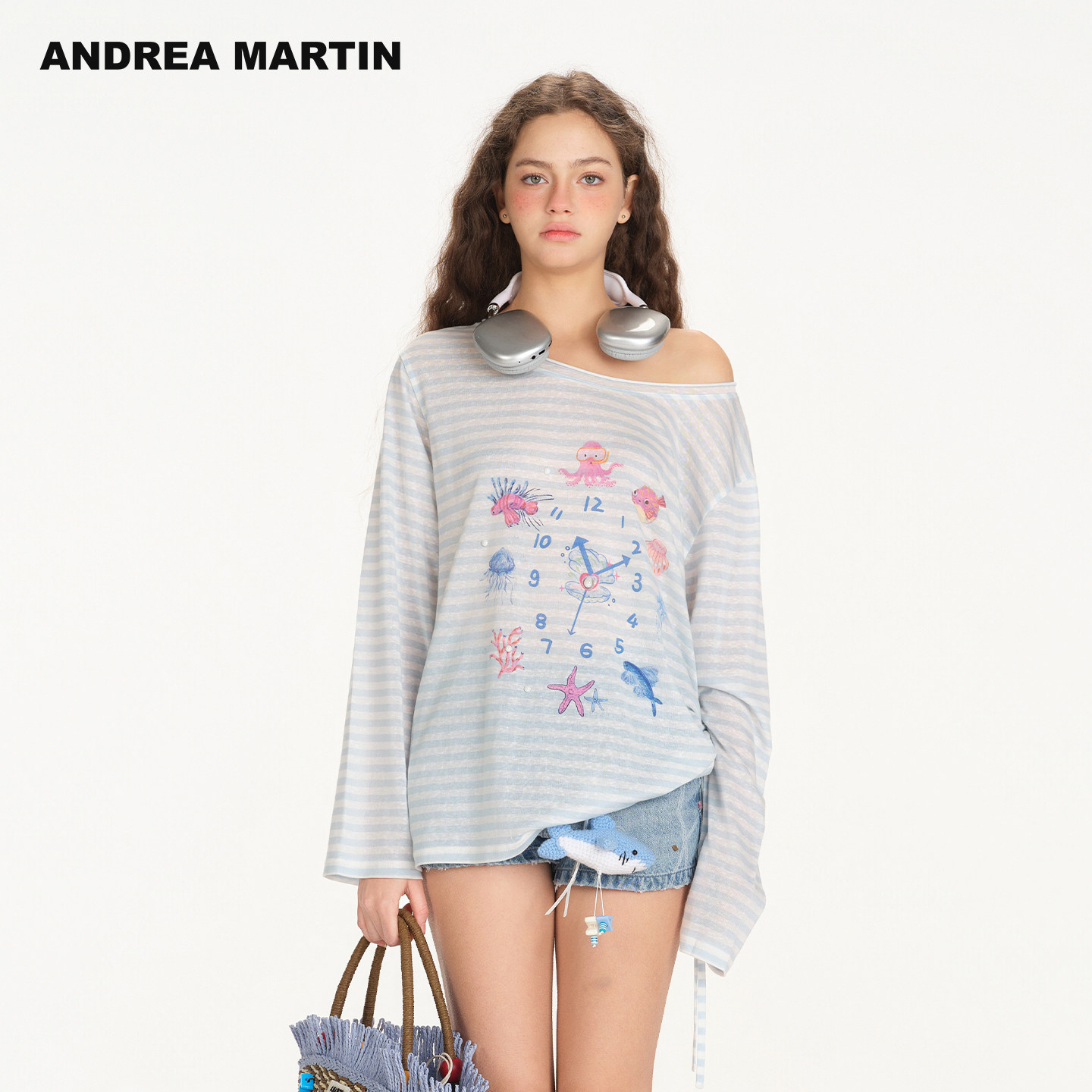 ANDREA MARTIN2026夏季新款蓝色条纹海洋印花女薄长袖宽松休闲T恤