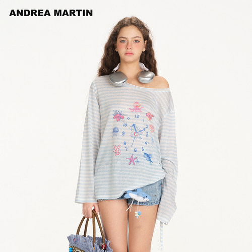 ANDREA MARTIN2026夏季新款蓝色条纹海洋印花女薄长袖宽松休闲T恤