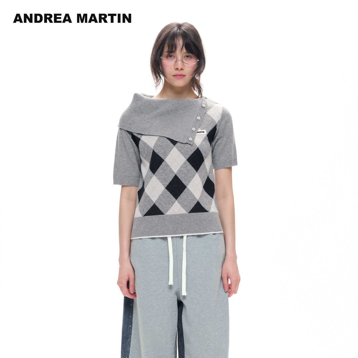 ANDREA MARTIN2026秋新款学院风撞色格纹大翻领女宽松短袖针织衫