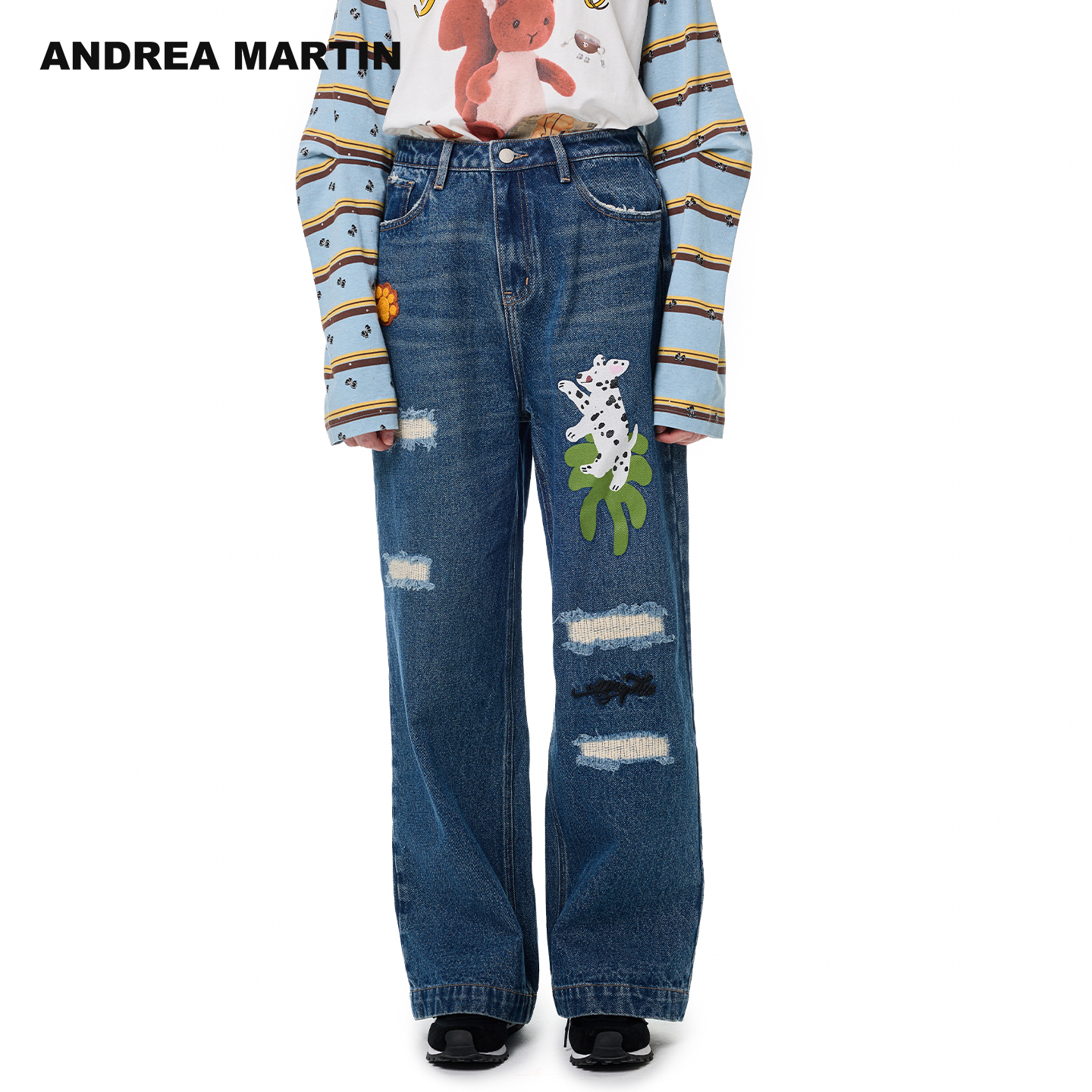 【陈立农 弭金同款】ANDREA MARTIN2025冬新品猫爪破洞休闲牛仔裤