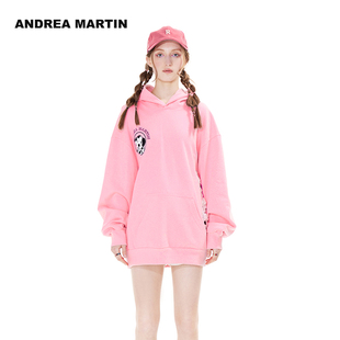 ANDREA MARTIN冬新款粉色斑点狗贴布绣连帽卫衣