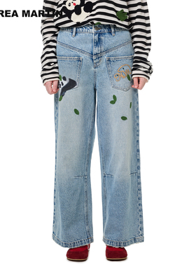 【贺峻霖同款】ANDREA MARTIN 秋冬新品熊猫印花刺绣水洗牛仔裤