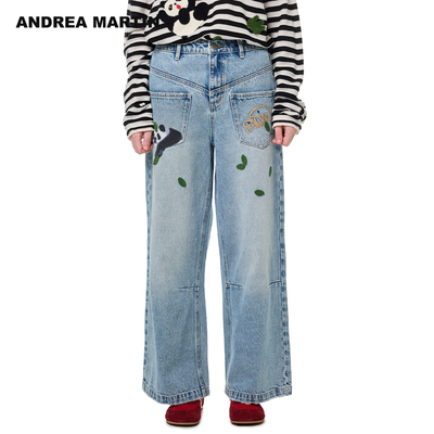 【贺峻霖同款】ANDREA MARTIN 秋冬新品熊猫印花刺绣水洗牛仔裤