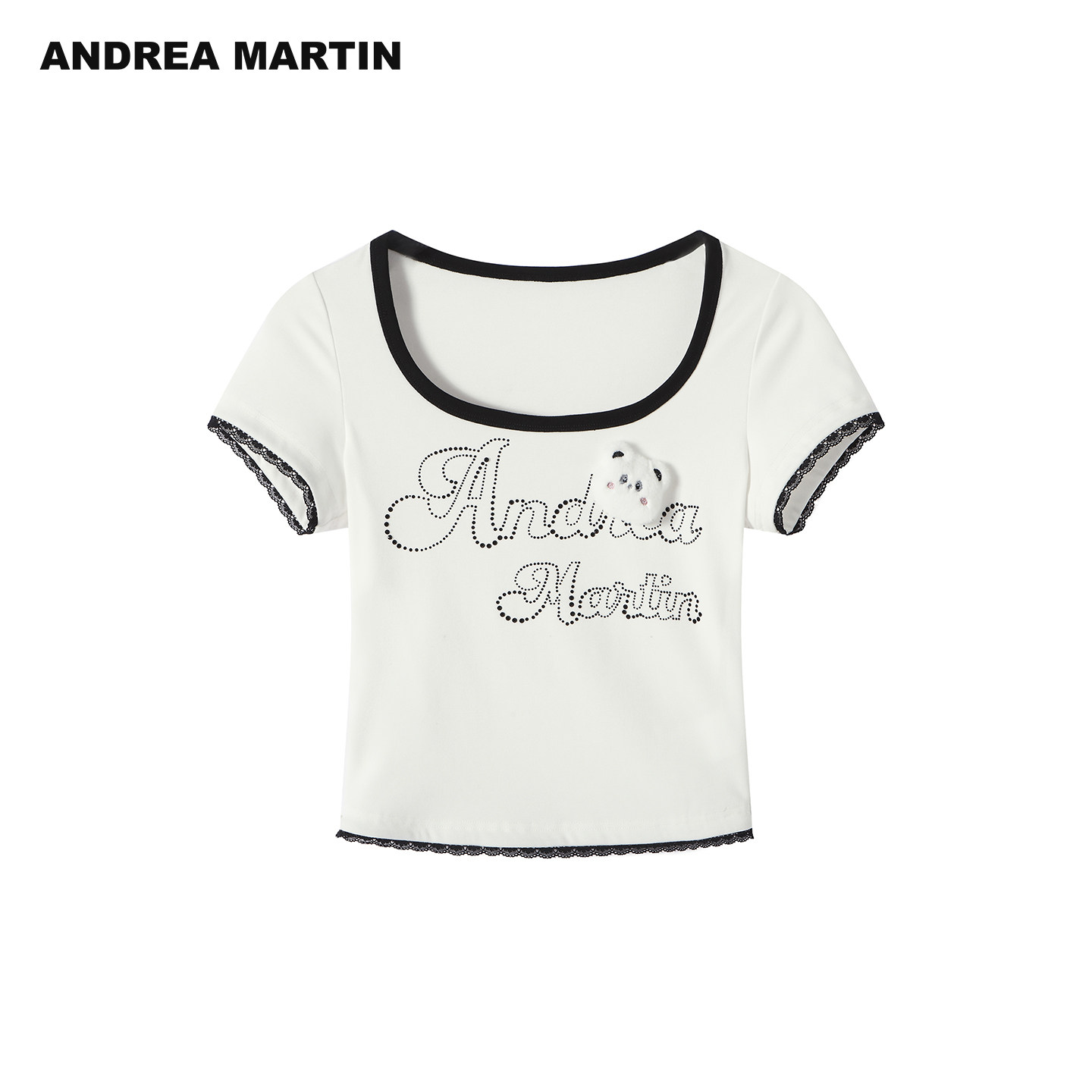 ANDREA MARTIN2026夏季新款甜酷风毛绒小熊撞色蕾丝花边女短袖T恤