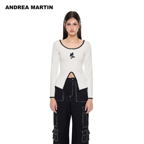 ANDREA MARTIN2026秋季新款撞色刺绣开叉修身女短打底百搭长袖T恤