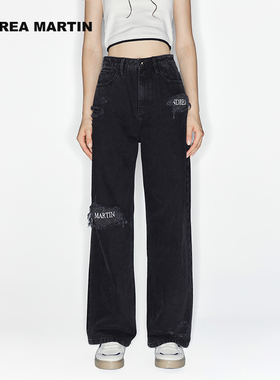 ANDREA MARTIN秋冬新款黑色破洞logo牛仔裤宽松休闲裤