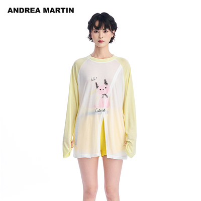 ANDREA MARTIN夏季新款撞色长袖T恤女宽松开叉空调衫薄款