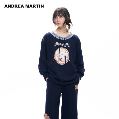 ANDREA MARTIN2026秋新款小狗贴布绣抽绳圆领女长袖宽松休闲卫衣