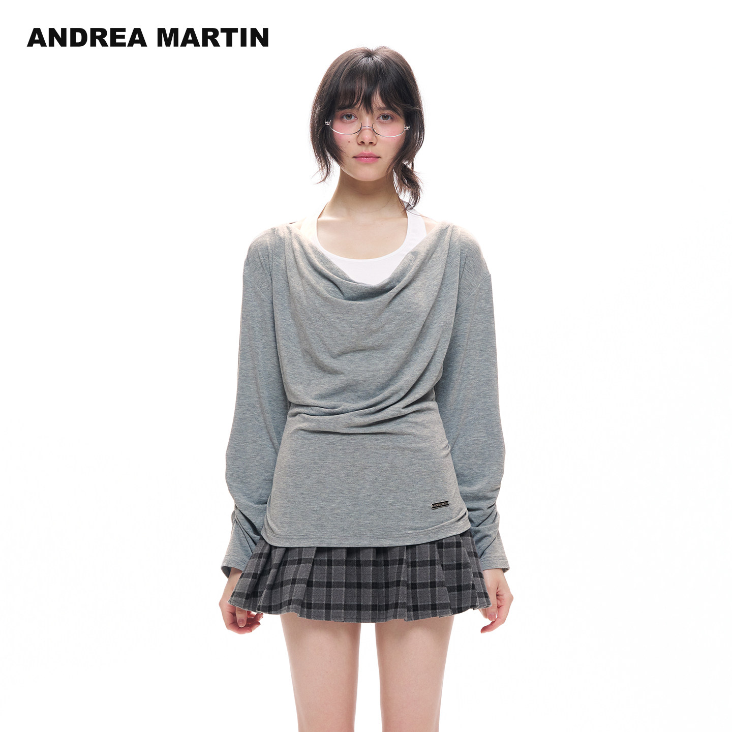 ANDREA MARTIN2026秋季新款假两件拼接灰色挂脖荡领女修身长袖T恤