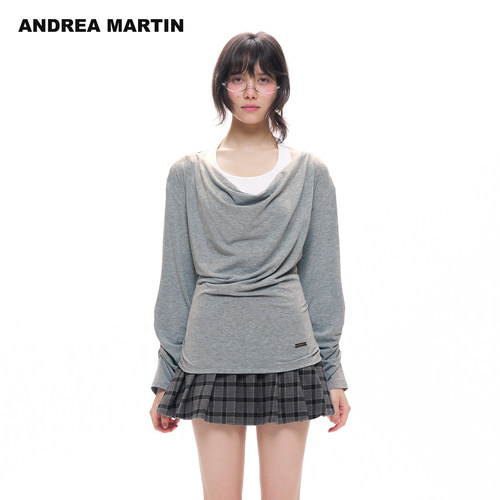 ANDREA MARTIN2026秋季新款假两件拼接灰色挂脖荡领女修身长袖T恤