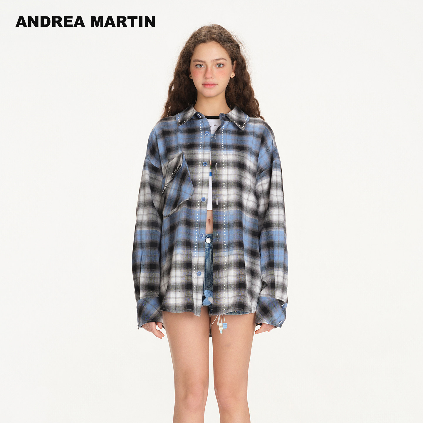 ANDREA MARTIN2026春季新款复古格子珍珠印花落肩袖宽松衬衫外套,女装/女士精品,衬衫,淘宝优惠券,粉丝福利购,淘宝优惠卷