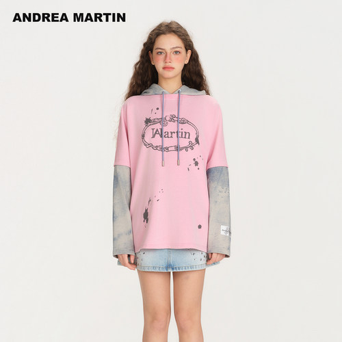 ANDREA MARTIN2026春季新款复古假两件拼接套头连帽女休闲卫衣