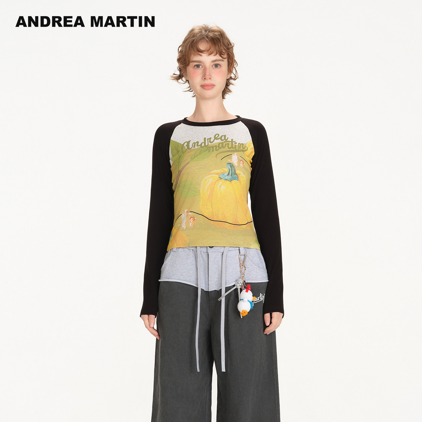 ANDREA MARTIN2026春季新款撞色小兔南瓜印花插肩袖短女紧身T恤,女装/女士精品,T恤,淘宝优惠券,粉丝福利购,淘宝优惠卷