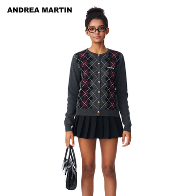 【孙怡同款】ANDREA MARTIN秋季新款菱格针织开衫复古小衫