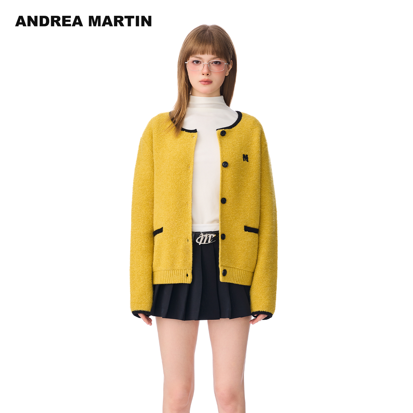 ANDREA MARTIN2025秋冬新款撞色针织开衫女圆领毛衣简约保暖外套