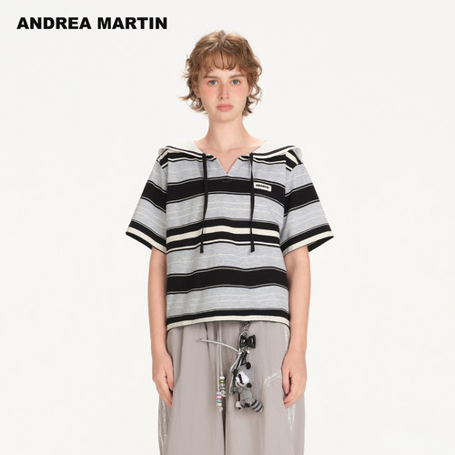 严选ANDREA MARTIN2026夏季新款萌趣熊猫海军领条纹短袖T恤女宽松