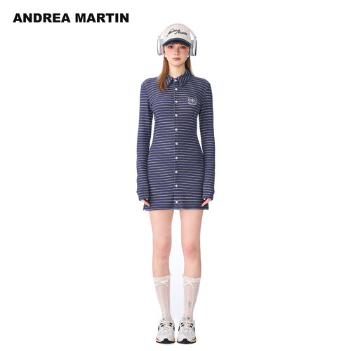 【徐梦洁同款】ANDREA MARTIN秋新款条纹针织连衣裙休闲学院