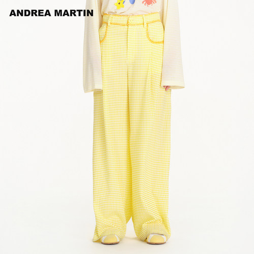 ANDREA MARTIN2026春夏新款复古格纹立体钩花女宽松阔腿休闲长裤