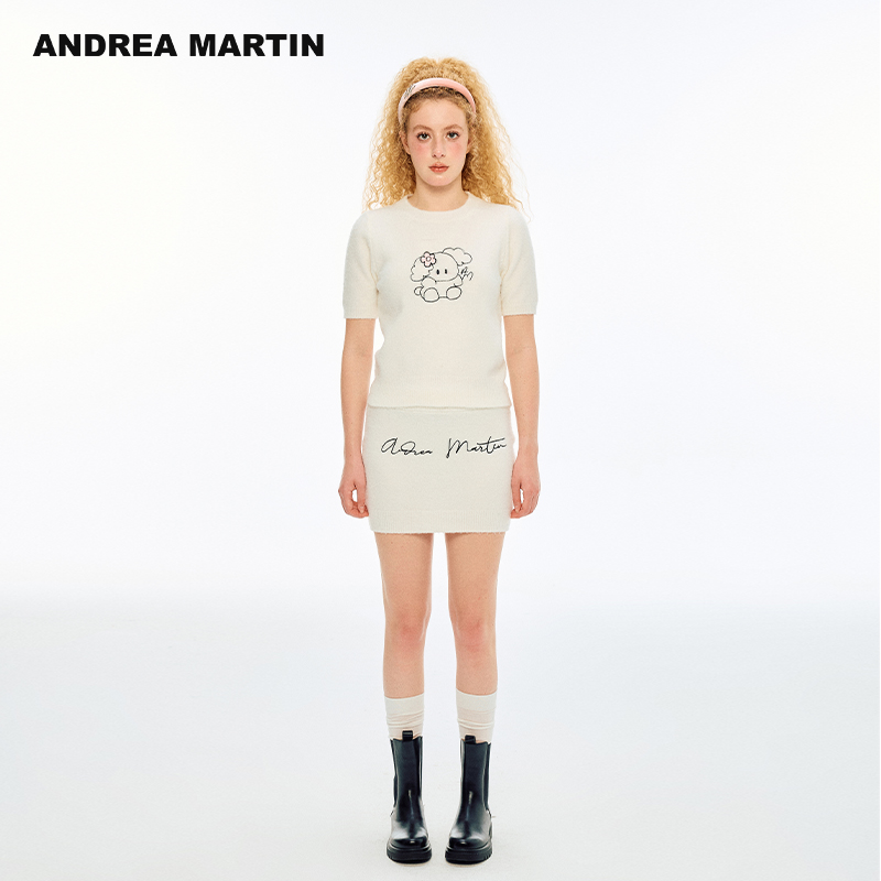 ANDREA MARTIN2025新款时尚套装女针织短袖上衣显瘦包臀半裙