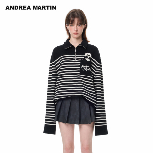 毛衣 复古黑白条纹熊猫钩织高领针织衫 ANDREA MARTIN2025秋冬新款