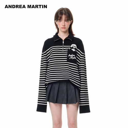 ANDREA MARTIN明星同款秋冬新款复古黑白条纹熊猫高领针织衫毛衣