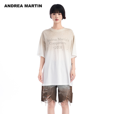 【魏哲鸣张晚意同款】ANDREA MARTIN夏季新款烫钻渐变印花短袖T恤