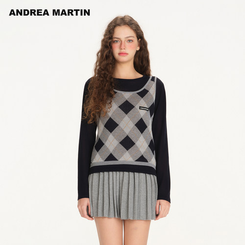 ANDREA MARTIN2026秋季新款复古菱形格假两件修身女短长袖针织衫