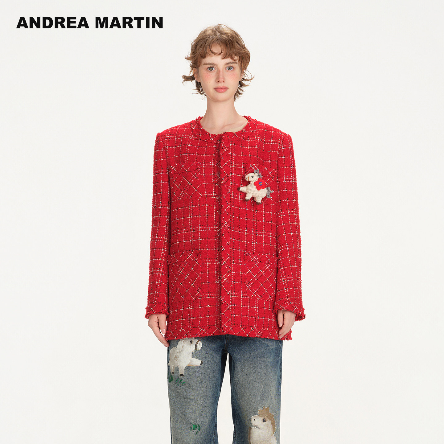 “马上有钱花”ANDREA MARTIN2026春季新款格纹外套男女同款红色,女装/女士精品,短外套,淘宝优惠券,粉丝福利购,淘宝优惠卷