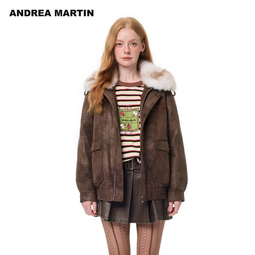 ANDREA MARTIN冬新款复古仿麂皮毛领做旧羽绒服工装夹克外套
