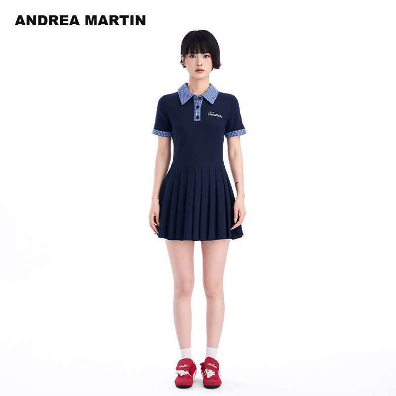 ANDREA MARTIN夏季新款拼格子百褶连衣裙藏青收腰显瘦短裙子