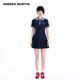 新款 ANDREA MARTIN夏季 拼格子百褶连衣裙藏青收腰显瘦短裙子