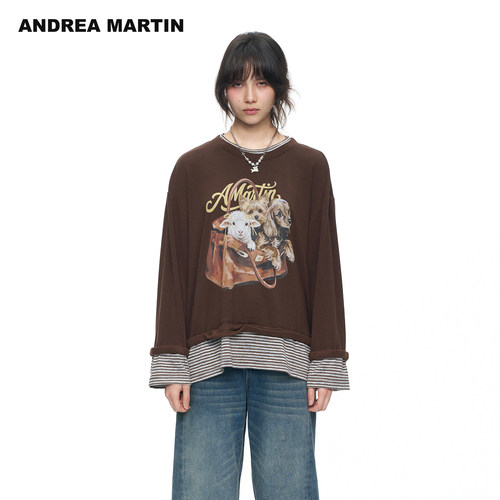 ANDREA MARTIN2026冬季新款棕色假两件条纹拼接女宽松印花长袖T恤