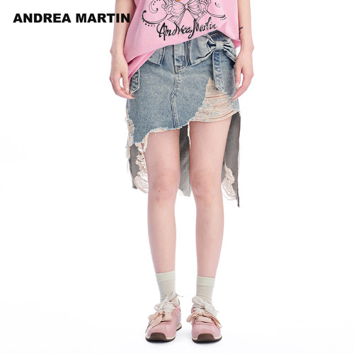严选ANDREA MARTIN2026夏新款蓝色蝴蝶结不规则破洞牛仔半身腰裙