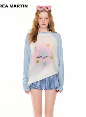 【张含韵 沈羽洁同款】ANDREA MARTIN 撞色插肩长袖印花T恤空调衫