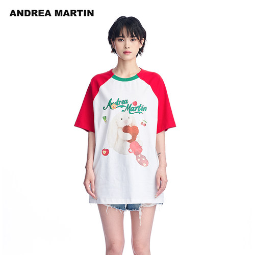 ANDREA MARTIN夏季新款T恤女撞色插肩短袖拼接印花纯棉上衣