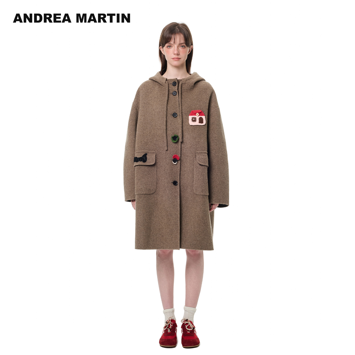 ANDREA MARTIN2025秋冬新款中长连帽宽松休闲保暖双面呢大衣外套