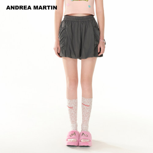 【孟子义同款】ANDREA MARTIN夏季新款灰色短裤女松紧腰短裤