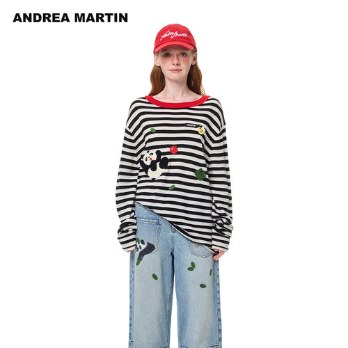 ANDREA MARTIN秋冬新款熊猫钩织条纹毛衣男女宽松休闲针织衫