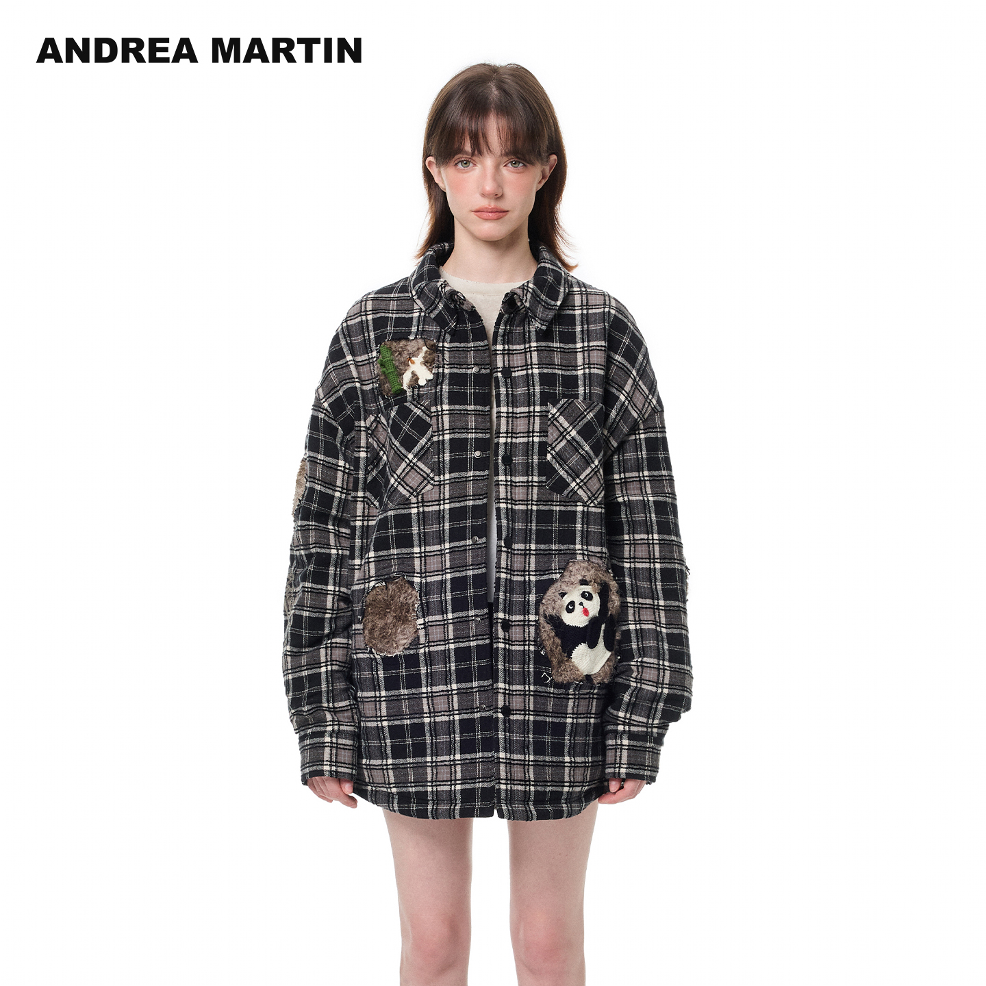 ANDREA MARTIN2025秋冬新款复古格子钩织破洞休闲保暖棉服外套