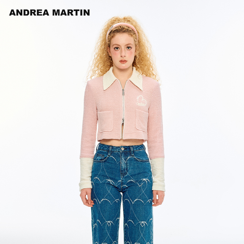 ANDREA MARTIN2025秋季新款撞色翻领拼色刺绣拉链上衣短款外套女