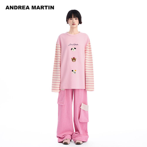ANDREA MARTIN秋季新款长袖T恤女圆领条纹拼接宽松上衣