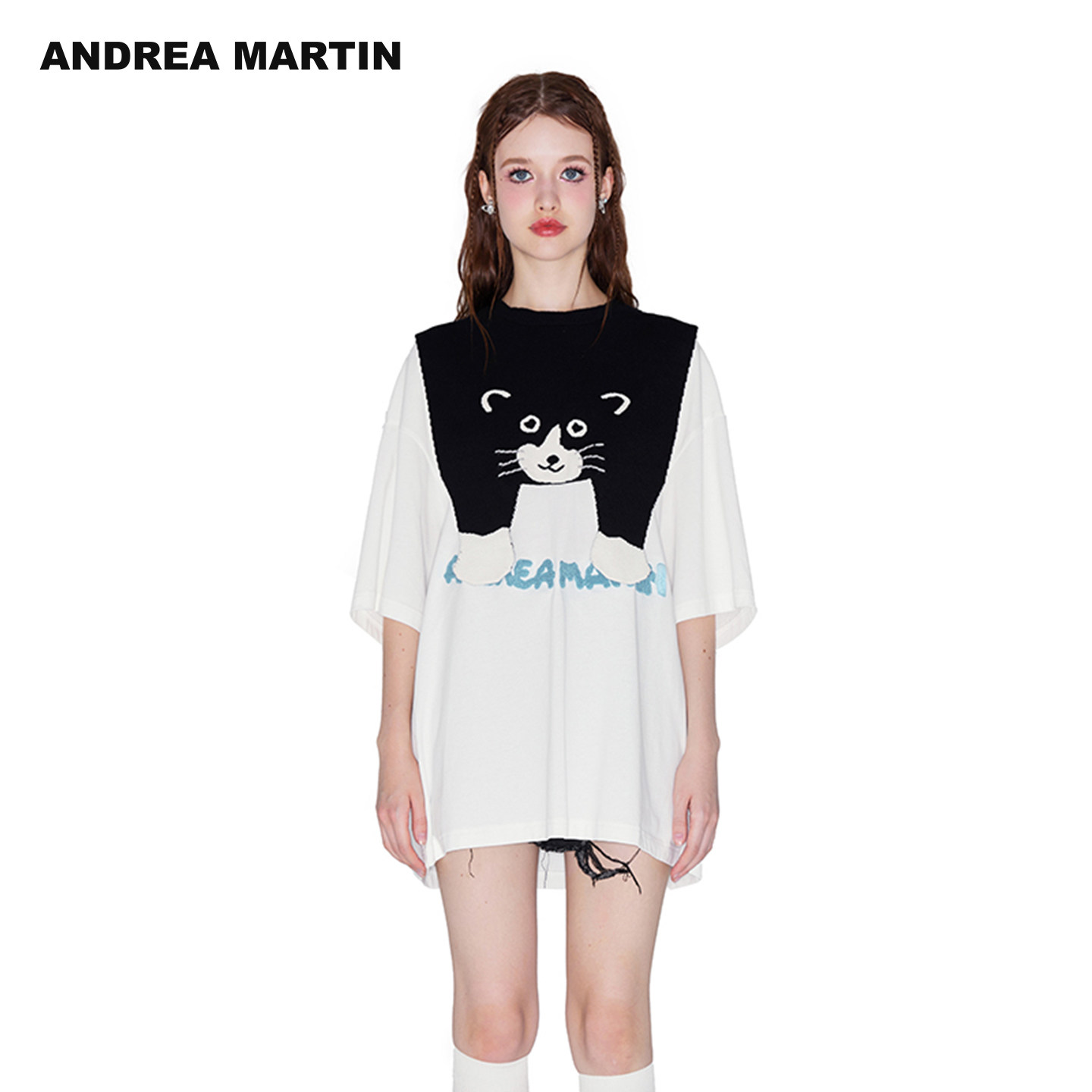 ANDREAMARTIN猫咪披肩短袖T恤