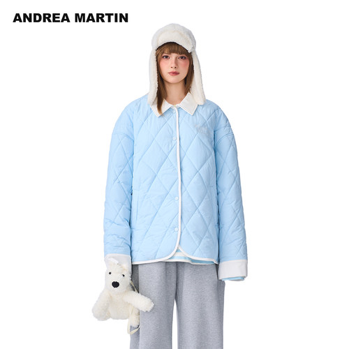 【祝绪丹同款】ANDREA MARTIN 秋冬新款格纹撞色拼接棉服女外套
