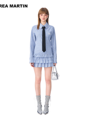 ANDREA MARTIN秋冬新款蓝色格纹连衣裙女学院风领带衬衫短裙