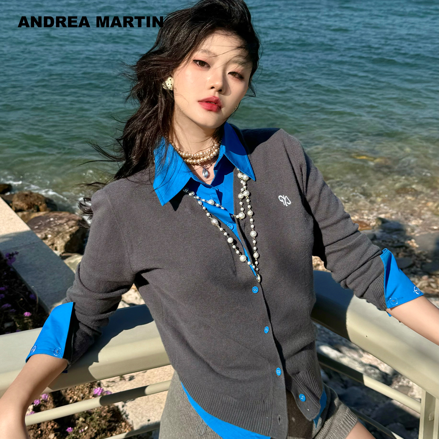 ANDREA MARTIN2025新款假两件羊毛开衫女衬衫领薄款针织衫长袖T恤